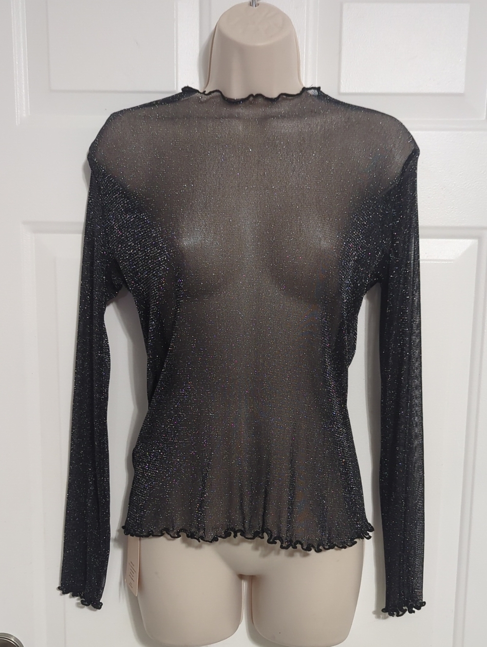 🚨3/$20! SHEIN Bae Black Silver Sparkle Sheer Mesh Long Sleeve Top S NWT